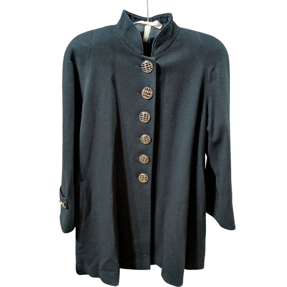ALORNA Black Wool Button Front Mandarin Collar Coat Women VTG 1980s L/XL